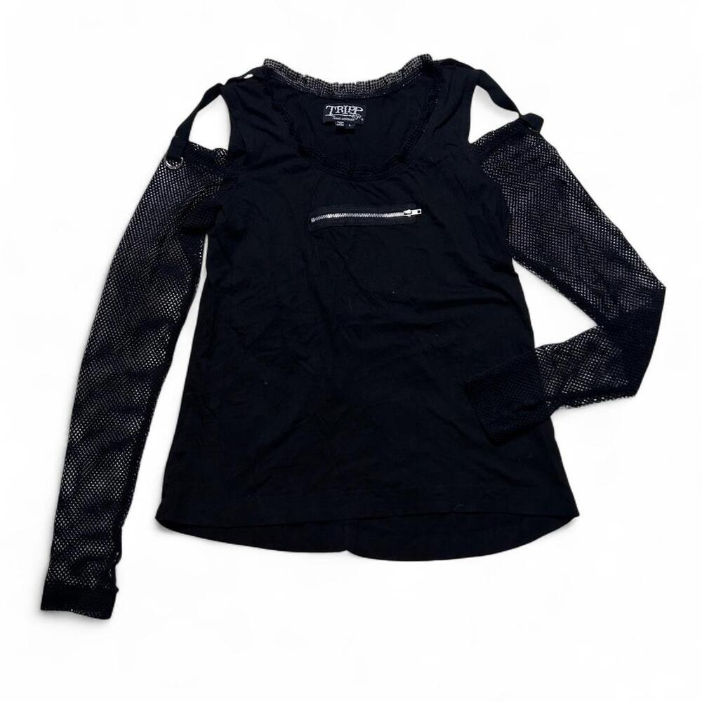 Tripp NYC Black Fishnet Sleeve Zipper Top Blouse Y2K Vintage Goth Grunge Small